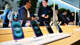 The new Apple iPhone 16 models on display upon release on September 20, 2024 at the Apple Store at The Grove in Los Angeles, California.