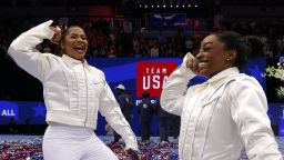 Gymnasts, teammates and friends Jordan Chiles (left) and Simone Biles (right) celebrate after making the 2024 US Olympic Team.