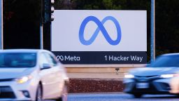 Morning commute traffic streams past the Meta sign outside the headquarters of Facebook parent company Meta Platforms Inc in Mountain View, California, U.S. November 9, 2022.