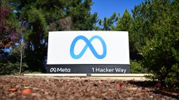 The Meta logo marks the entrance of its corporate headquarters in Menlo Park, California.