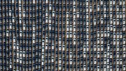 BYD electric cars waiting to be loaded onto a ship at a port in Yantai, in eastern China's Shandong province.